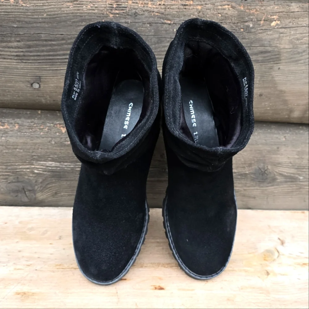 Chinese Laundry Flip Moto Minimalist Suede Slouch Lug Sole Bootie 6.5M